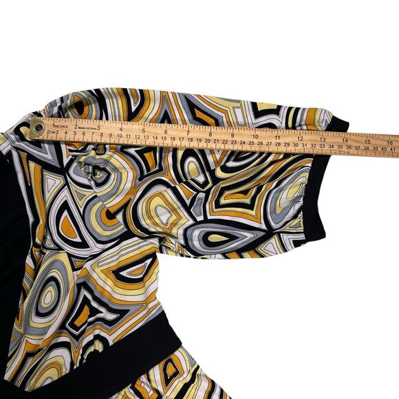 Y2k Geometric babydoll Shirt Top Sz L deep V Neck Yellow Retro Mod 70s indie - Picture 6 of 9